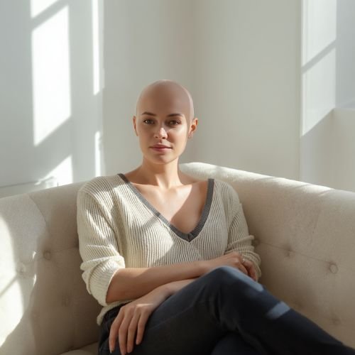 Bald woman, cancer patient sitting on a sofa