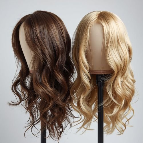 Two wigs on a wigs stands